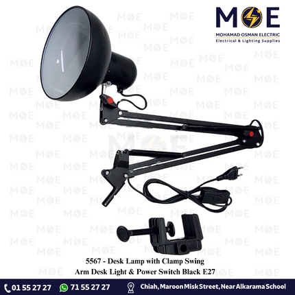 Desk Lamp with Clamp Swing Arm Desk Light & Power Switch Black E27