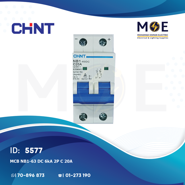 Chint MCB NB1-63 DC 6kA 2P C 20A | 182721 | دجنتور كهرباء مجوز - قاطع كهربائي