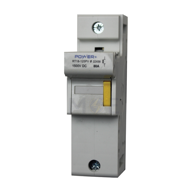 Power+ Din Fuse Holder 22x58mm 80A 1500VDC 1P 2module | YCFPV2258B RT18-125PV | دجنتور بيت فيوز مفرد مجوز - حامل فيوز على سكة دين - قاعدة فيوز