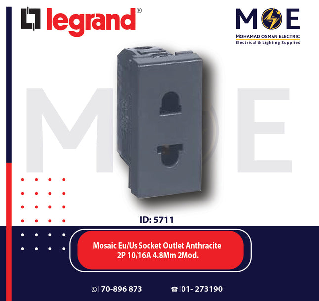 Legrand Mosaic Euro American Socket Outlet Black/ Dark Gray/ Anthracite 2P 10/16A 4.8mm 1module | 011682931 | بريز امريكي اوروبي اسود فحمي