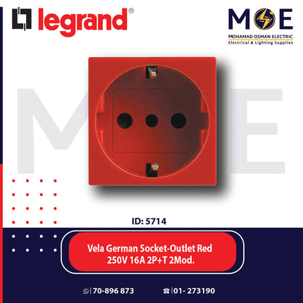 Legrand Vela German Socket Outlet Red 250V 16A 2P+T 2Module | 011682875