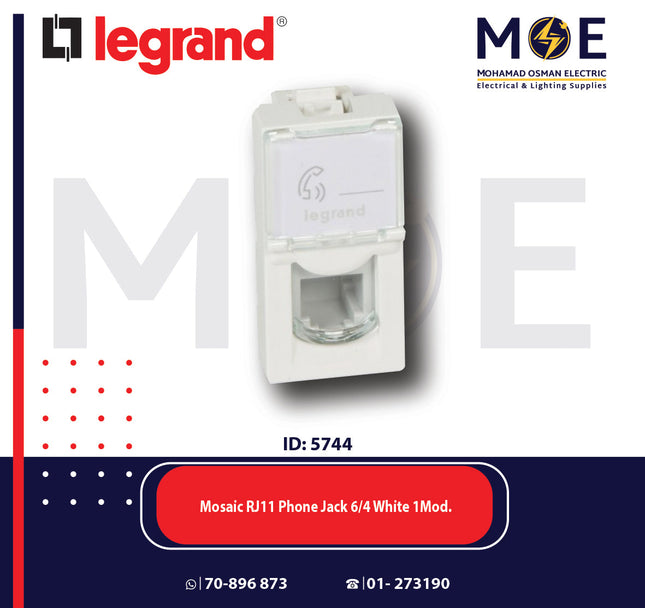 Legrand Mosaic Telephone Socket | RJ11 Phone Jack 6/4 White 1Module | 1174261 | بريز تلفون ابيض