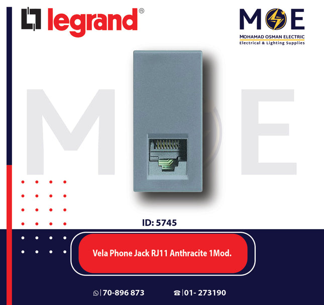 Legrand Vela Telephone Socket | Phone Jack RJ11 Black/ Dark Gray/ Anthracite 1Module | 11682787 | بريز تلفون اسود فحمي