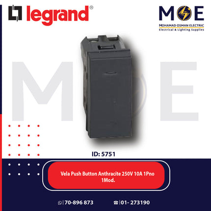 Legrand Vela Push Button Anthracite 250V 10A 1Pno 1Module | 11683079