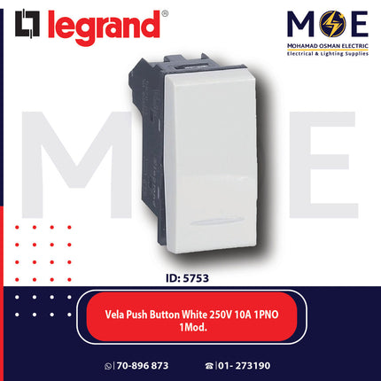 Legrand Vela Push Button White 250V 10A 1PNO 1Module | 11687005