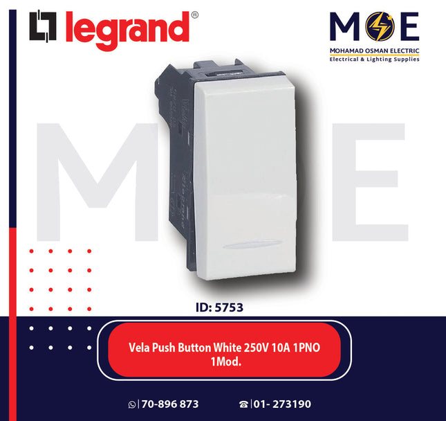 Legrand Vela Push Button White 250V 10A 1PNO 1Module | 11687005 | كباس جرس ابيض