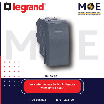 Legrand Vela Intermediate Reversing Switch Anthracite 250V 1P 10A 1Module | 11683078