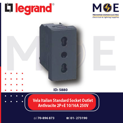 Legrand Vela Italian Standard Socket Outlet Black/ Dark Gray/ Anthracite 2P+E 10/ 16A 250V | 11683081