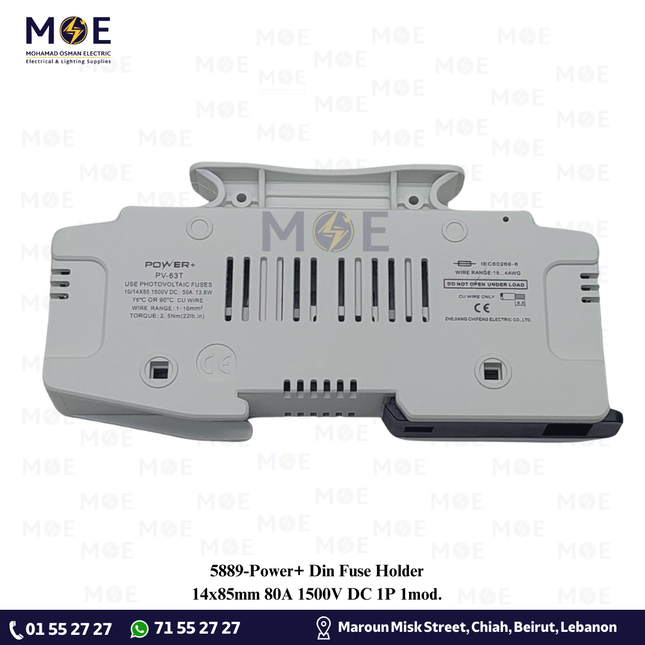 Power+ Din Fuse Holder 14x85mm 80A 1500VDC 1P 1module | YCFPV-63T (10/14x85) RT18-125PV | دجنتور بيت فيوز مفرد - حامل فيوز على سكة دين - قاعدة فيوز