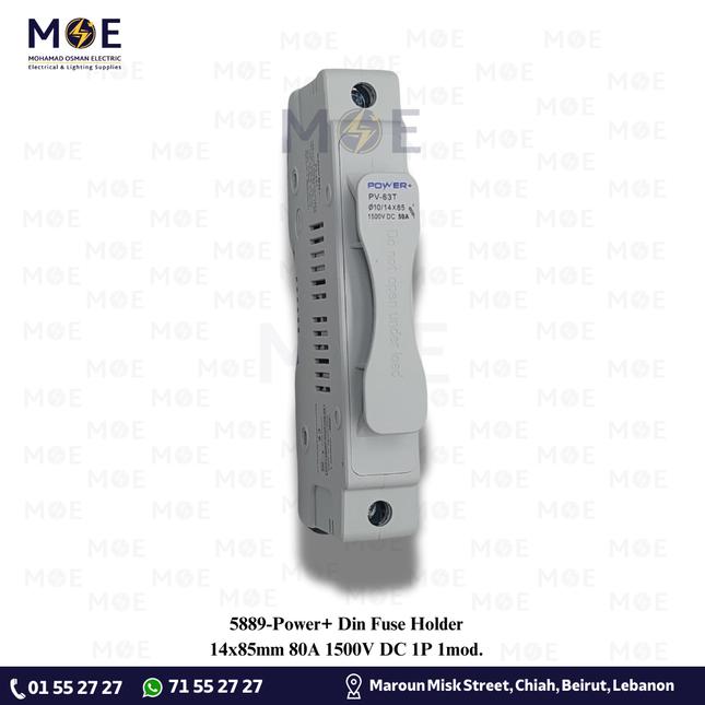 Power+ Din Fuse Holder 14x85mm 80A 1500VDC 1P 1module | YCFPV-63T (10/14x85) RT18-125PV | دجنتور بيت فيوز مفرد - حامل فيوز على سكة دين - قاعدة فيوز