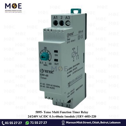 Tense Multi Function Timer Relay 24/240V AC/DC 0.1s-60min 1module | ERV-60D-220