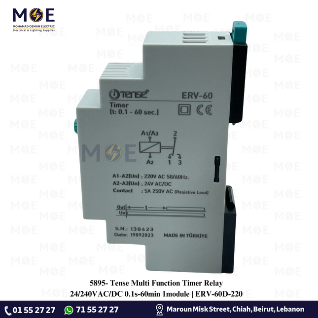 Tense Multi Function Timer Relay 24/240V AC/DC 0.1s-60min 1module | ERV-60D-220