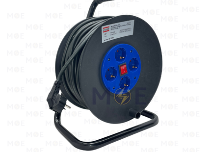 System Multiple Sockets Germany Cable Reel Black 4 Socket Schuko plug+Earth+Switch 50 meter| QC3250 | بكرة صناعية كادر بريز مربع مع شريط ومفتاح اسود