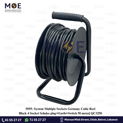 System Multiple Sockets Germany Cable Reel Black 4 Socket Schuko plug+Earth+Switch 50 meter| QC3250