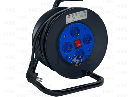 System Multiple Sockets Germany Cable Reel Black 4 Socket Schuko plug+Earth+Switch 25 meter| QC3230 | بكرة صناعية كادر بريز مربع مع شريط ومفتاح اسود