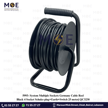 System Multiple Sockets Germany Cable Reel Black 4 Socket Schuko plug+Earth+Switch 25 meter| QC3230