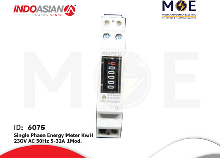 IndoAsian Single Phase Energy Meter KwH 230V AC 50Hz 5-32A 1module | DDS1732-1J/Y MK-1P 32A | عداد كيلو وات سكة رفيع واحد فاز
