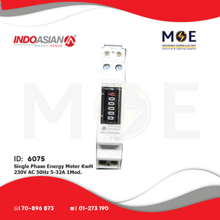 IndoAsian Single Phase Energy Meter KwH 230V AC 50Hz 5-32A 1module | DDS1732-1J/Y MK-1P 32A | عداد كيلو وات سكة رفيع واحد فاز
