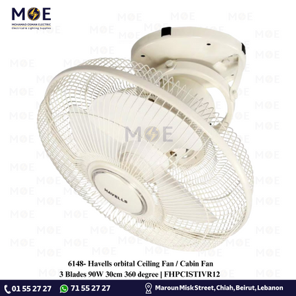 Havells Ciera Orbital Ceiling Fan / Cabin Fan Ivory Rotatable (360°) 3 Blades 90W 30cm | FHPCISTIVR12 مروحة سقف مدارية لولبية من هافيلز سييرا / مروحة كابينة 3 فراشات عاجي