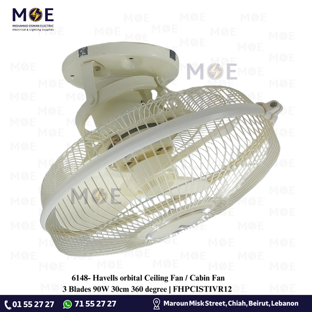 Havells Ciera Orbital Ceiling Fan / Cabin Fan Ivory Rotatable (360°) 3 Blades 90W 30cm | FHPCISTIVR12 مروحة سقف مدارية لولبية من هافيلز سييرا / مروحة كابينة 3 فراشات عاجي