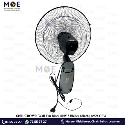 CROWN Wall Fan Black 60W 5 Blades 18inch | w999-CFW