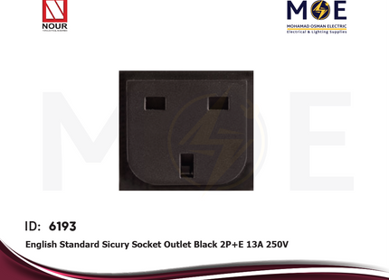 Nour English Standard Sicury Socket Outlet Black 2P+E 13A 250V | 392 | بريز انكليزي امان اسود