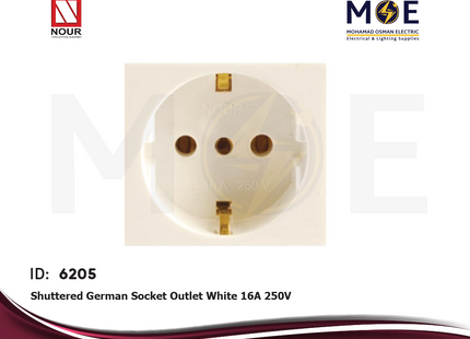 Nour Shuttered German Socket Outlet White 16A 250V | 990 | بريز شوكو ابيض