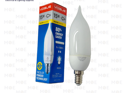 Vogue Economic CFL Lamp Milky Candle Tail WarmWhite E14 15W | لمبة توفير برم سن رفيع شمعة دنب حليبي ورم وايت