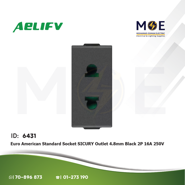 Master Euro American Standard Socket SICURY Outlet 4.8mm Black 2P 16A 250V | 6002-BL | بريز امريكي اوروبي امان اسود