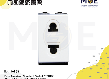 Master Euro American Standard Socket SICURY Outlet 4.8mm White 2P 16A 250V | 6002 | بريز امريكي اوروبي امان ابيض
