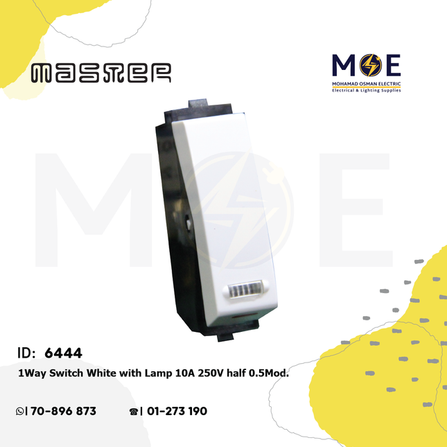 Master 1Way Switch White with Lamp 10A 250V 1/2module | 6001 | مفتاح مفرد مع لمبة