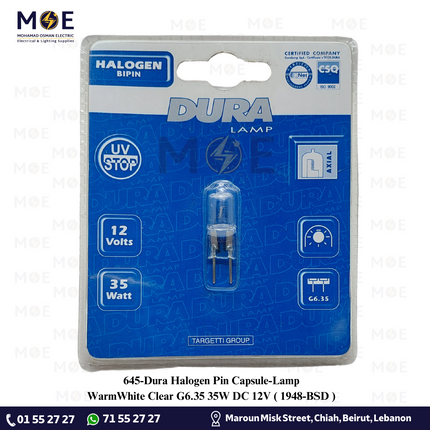 Dura Halogen Pin Capsule/Lamp WarmWhite Clear G6.35 35W DC 12V | 1948-BSD