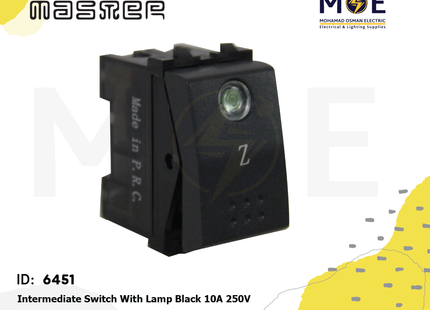 Master Intermediate Reversing Switch With Lamp Black 10A 250V | 6008-BL | مفتاح تربل دركسيون اسود