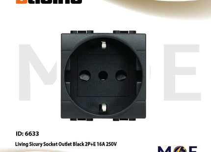 Bticino Living German Standard Sicury Socket Outlet Black 2P+E 16A 250V | L4140 | بريز شوكو اسود