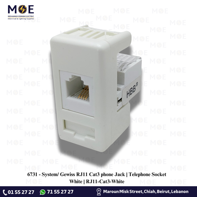 System/ Gewiss RJ11 Cat3 phone Jack | Telephone Socket White | RJ11-Cat3-White | بريز تلفون ابيض