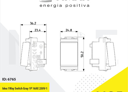 Vimar Idea 1Way Switch Gray 1P 16AX 250V | 16001 | مفتاح مفرد رمادي اسود