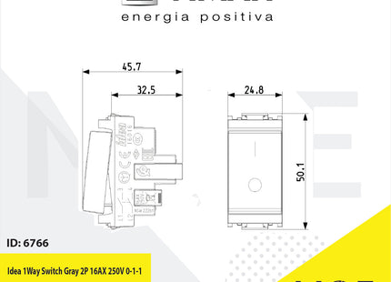 Vimar Idea 1Way Switch Gray 2P 16AX 250V 0-1 | 16016 | مفتاح مفرد خطين رمادي اسود