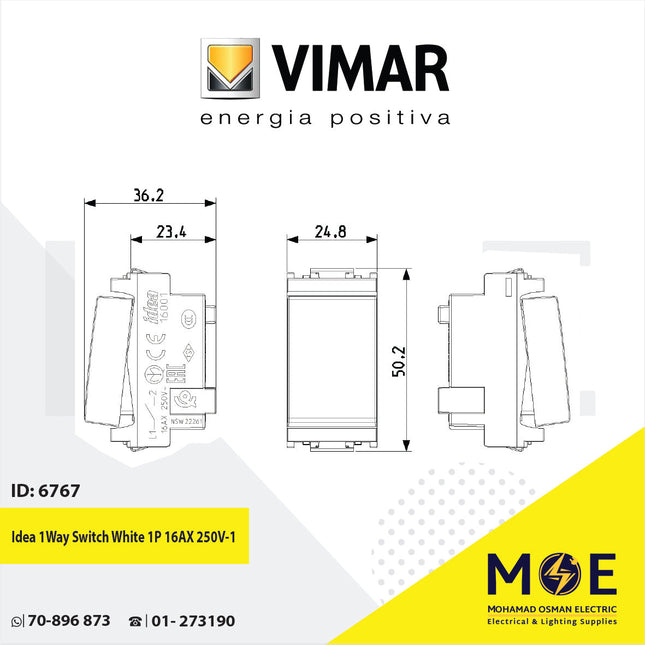 Vimar Idea 1Way Switch White 1P 16AX 250V | 16001.B | مفتاح مفرد ابيض