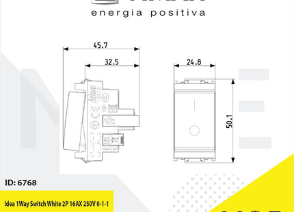 Vimar Idea 1Way Switch White 2P 16AX 250V 0-1 | 16016.B | مفتاح مفرد خطين ابيض