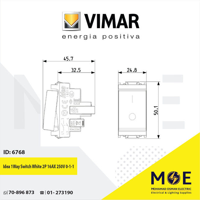 Vimar Idea 1Way Switch White 2P 16AX 250V 0-1 | 16016.B | مفتاح مفرد خطين ابيض