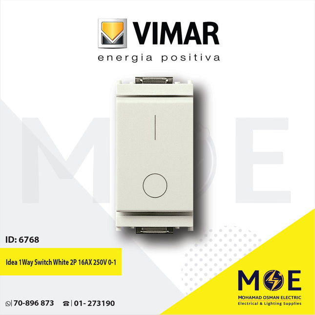 Vimar Idea 1Way Switch White 2P 16AX 250V 0-1 | 16016.B | مفتاح مفرد خطين ابيض