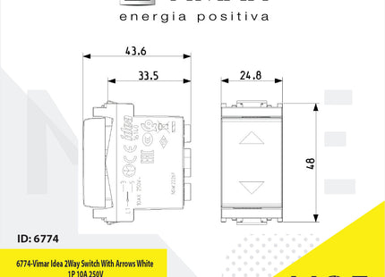 Vimar Idea 2Way Switch With Arrows White 1P 10A 250V | 16140.B | مفتاح ستور ابيض