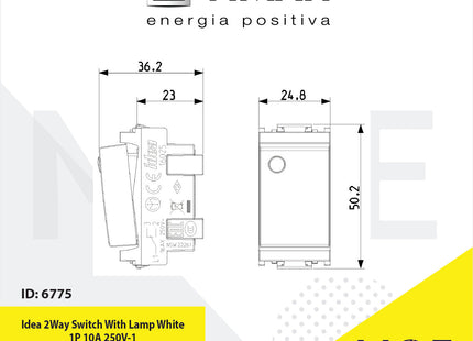 Vimar Idea 2Way Switch With Lamp White 1P 10A 250V | 16025.B | مفتاح دركسيون مع لمبة ابيض