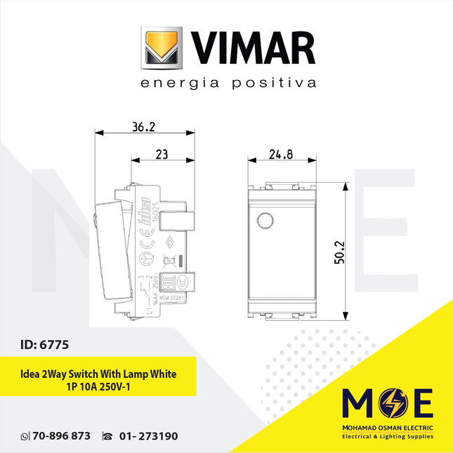 Vimar Idea 2Way Switch With Lamp White 1P 10A 250V | 16025.B | مفتاح دركسيون مع لمبة ابيض