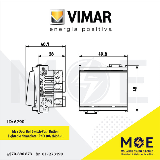 Vimar Idea Door Bell Switch/ Push Button Lightable Nameplate 1PNO 10A 2Module | 16190