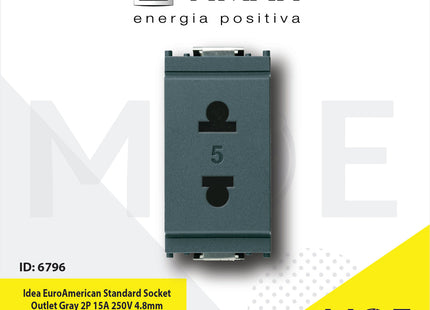 Vimar Idea Euro American Standard Socket Outlet Gray 2P 15A 250V 4.8mm | 16233 | بريز امريكي اوروبي رمادي اسود