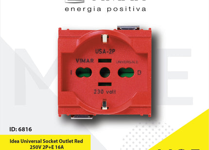 Vimar Idea Universal Socket Outlet Red 250V 2P+E 16A | 16210.R | بريز يونيفرسال امان احمر