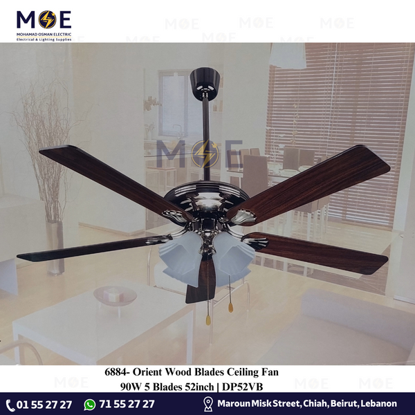 Orient Wood Blades Ceiling Fan 90W 5 Blades 52inch | DP52VB مروحة سقف أورينت خشب ثريا ذهبي و خشبي 90 وات 5 شفرات52 انش| DP52VB