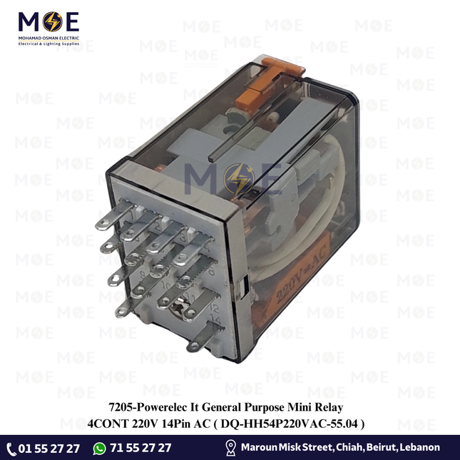 Powerelec It General Purpose Mini Relay 4CONT 220V 14Pin AC | DQ-HH54P220VAC-55.04 | ريليه ميني اربعة توش
