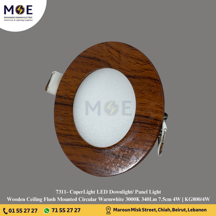 CuperLight LED Downlight/ Panel Light Wooden Ceiling Flush Mounted Circular Warmwhite 3000K 340Lm 7.5cm 4W | KG800/4W